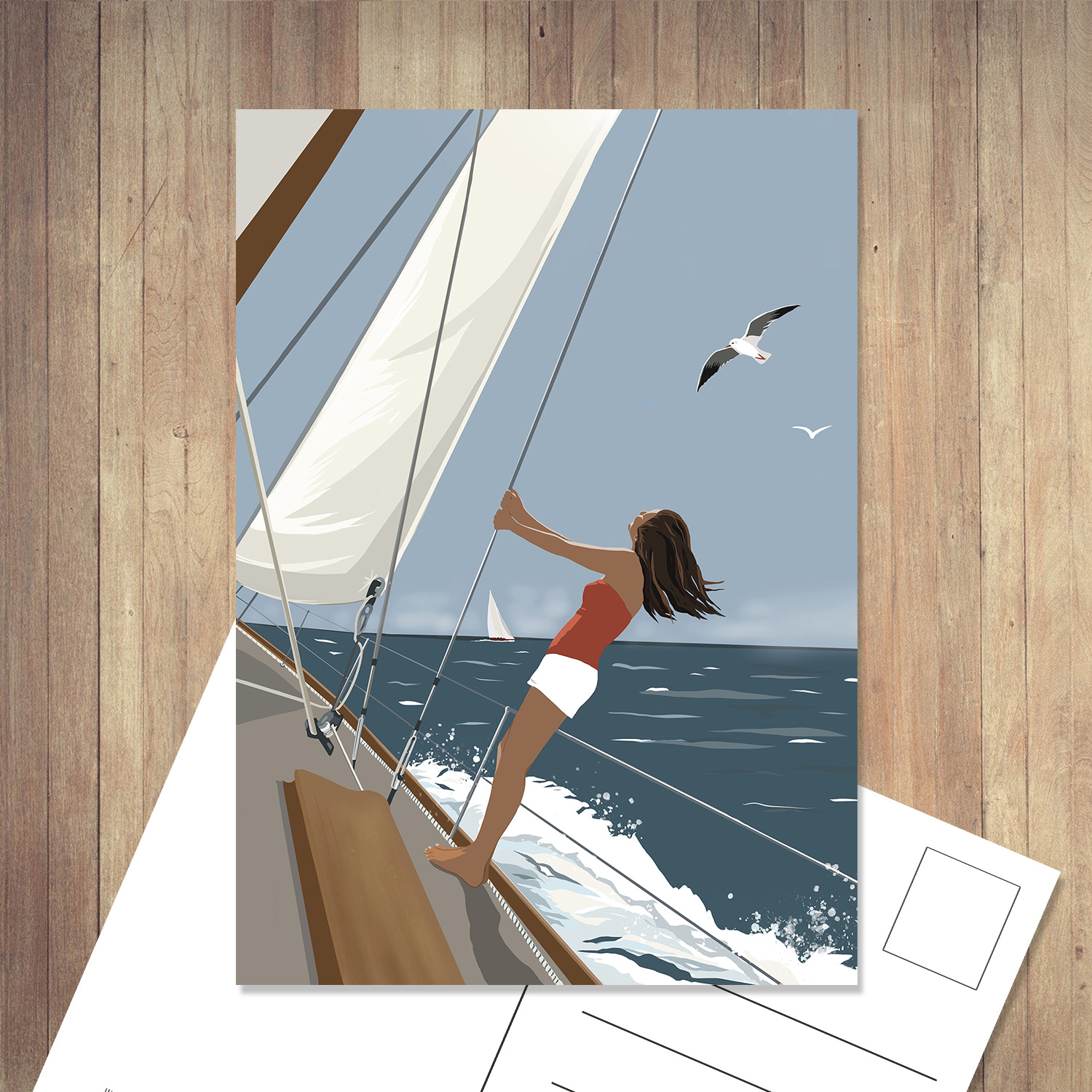carte postale voile voilier mer ocean vintage gravure